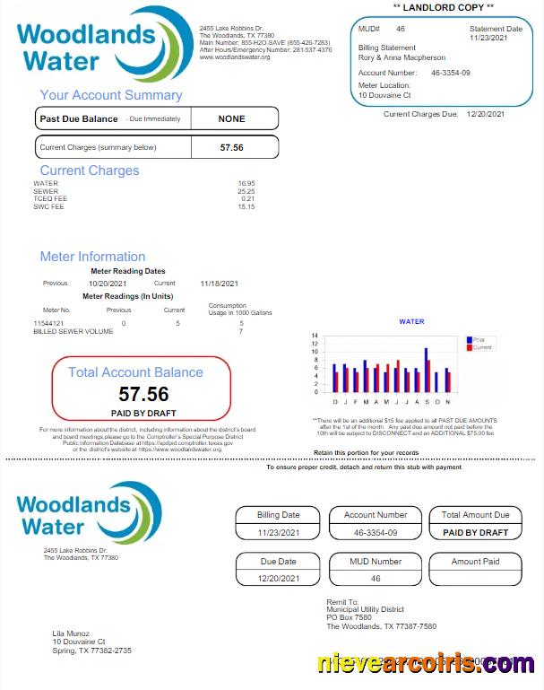 USA WOODLANDS WATER utility bill